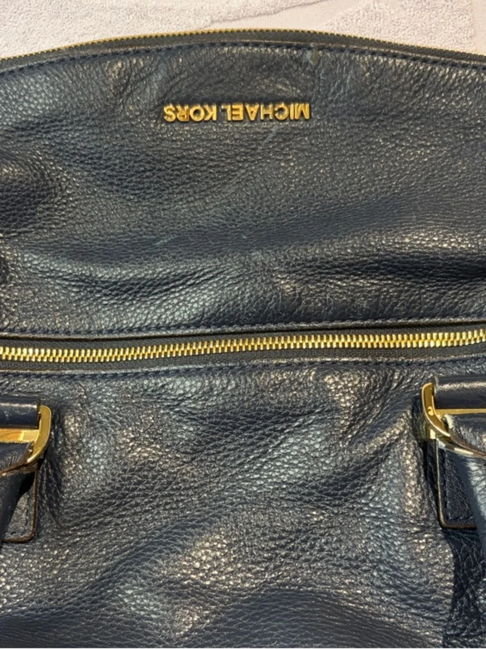 Michael Kors Navy Pebbled Leather Shoulder Bag with Gold Hardware